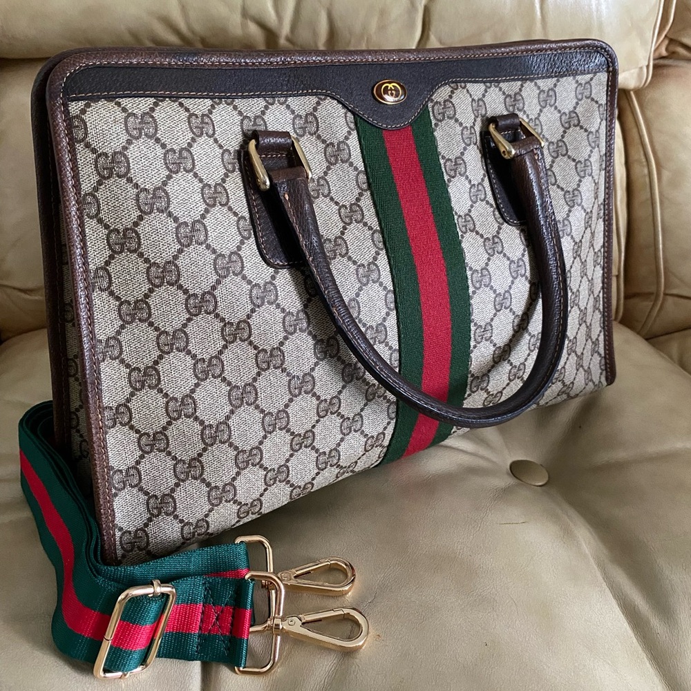 Authentic Gucci Vintage Large Tote Unisex Business Bag GG Web Stripe Attache - Picture 2 of 15